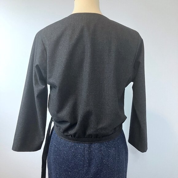 Harvey Faircloth Gray Wool Wrap Blouse Tie Cropped Jacket Top 8 Medium Work - Picture 3 of 10